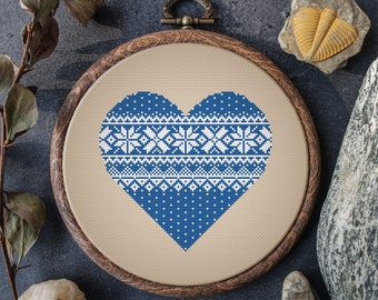 Heart Cross Stitch PDF Counted Blue Scandinavian Cross Stitch Pattern Folk Ornament Embroidery  Digital Downloads