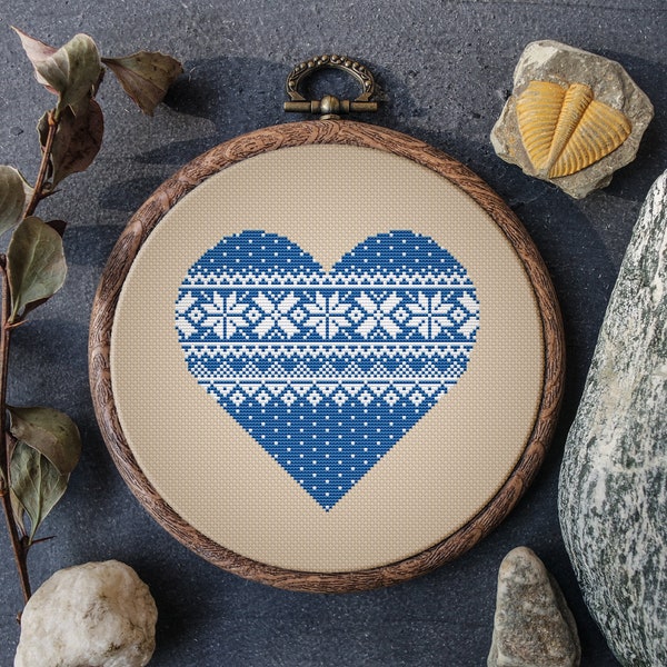 Heart Cross Stitch PDF Counted Blue Scandinavian Cross Stitch Pattern Folk Ornament Embroidery  Digital Downloads