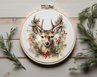 Deer Cross Stitch Pattern Counted Christmas Embroidery Pattern With Head Reindeer Watercolor Modern Cross Stitch Chart Easy Cross Stitch