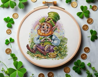 Kreuzstichmuster Mit Kobold, St Patrick's Day Kreuzstichmuster, Kleeblatt Stickmuster, Kreuzstichmuster Pdf