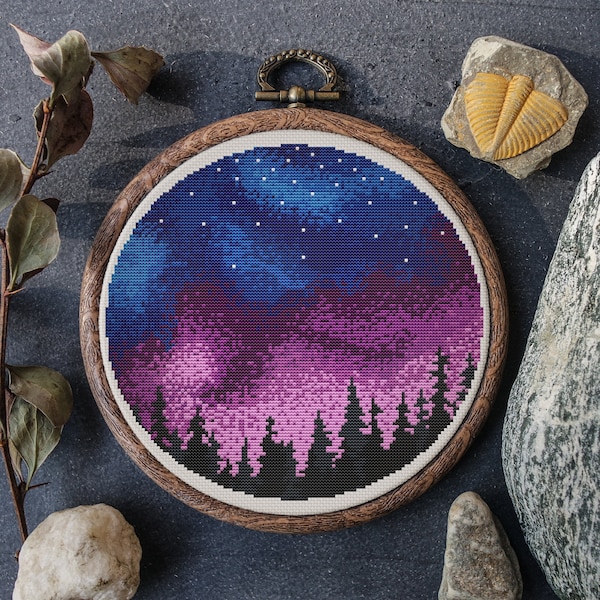 Landscape Cross Stitch Pattern Counted Night Sky Forest Embroidery Pattern Scandinavian Nature Cross Stitch Sampler Chart Digital Downloads