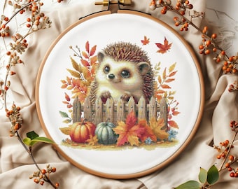 Fall Cross Stitch Pattern With Cute Hedgehog, Nursery Cross Stitch Design, Counted Cross Stitch Chart,  Autumn Embroidery Designs For Kids