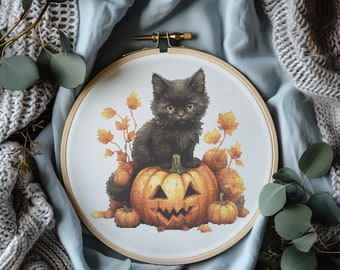 Halloween Cross Stitch Pattern With Black Kitten, Counted Embroidery dEsigns, Fall Cross Stitch Chart With Pumpkin, Nursery Cross Stitch Pdf