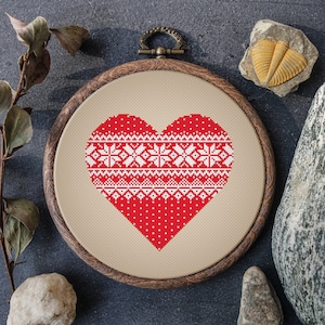 Christmas Cross Stitch Pattern With Red Heart Christmas Ornament Embroidery Pattern Scandinavian Cross Stitch Design Holiday Decoration Png