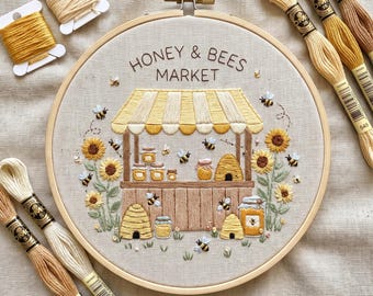 Bee Embroidery Pattern PDF, Rustic Hand Embroidery Design With Honey Market, Do It Yourself, Beginner Friendly, Bee Keeper Gifts
