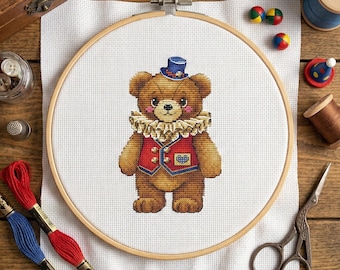 Cross Stitch Pattern PDF With Circus Bear, Kids Embroidery Designs, Counted Cross Stitch Diagram, Saga File, Nursery Room Decor