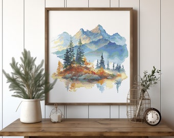 Schema punto croce montagna PDF Paesaggio forestale Disegni punto croce contato Natura selvaggia Schema ricamo Punto croce Arte Regalo per papà