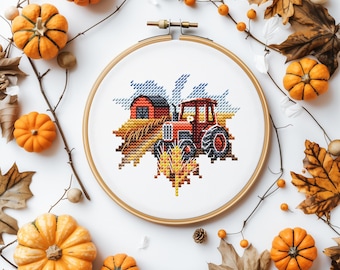 Patrón de punto de cruz de otoño, patrón de bordado pequeño, contado, patrón de punto de cruz estilo cottagecore con tractor de granja, PDF de punto de cruz de otoño