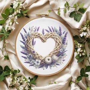 Kruissteekpatroon met lavendel hart Krans geteld borduurpatroon aquarel bloemen kruissteektabel bloem kruissteek pdf
