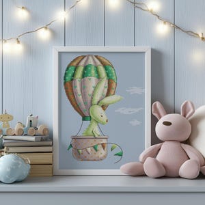 Padrão de ponto cruz de coelho, contado, gráfico de ponto cruz boho verde para berçário, amostra de bordado de coelho em balão de ar quente, presente de nascimento de bebê