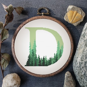 Monogram Cross Stitch Pattern In Green Forest Cross Stitch Pdf Counted Letter D Cross Stitch Sampler Name Embroidery  Digital Downloads