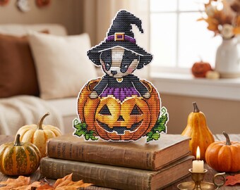 Halloweeen Cross Stitch Pattern With Witch Badger, Easy Embroidery Designs, Counted, Small Plastic Canva Pattern, Saga File, DIY Gift