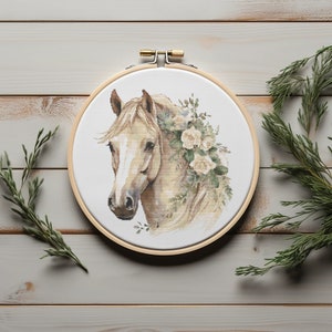 Modern kruissteekpatroon met paard, kruissteekkaart dieren, borduurontwerpen bloemen, geteld, Moederdag kruissteekontwerpen