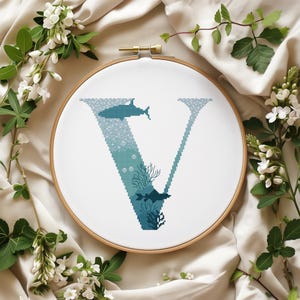 Modern Letter Cross Stitch Pattern, Counted, Family Initials Embroidery Designs, Marine Monogram Cross Stitch Chart, Easy Cross Stitch