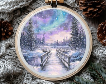Nature Cross Stitch Pattern With Winter Landscape Forest Cross Stitch Design Northern Lights Embroidery Pattern Counted Cross Stitch Chart