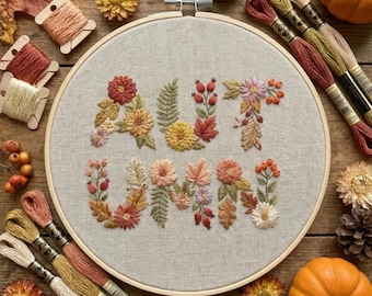 Autumn Embroidery Pattern PDF With Flowers, Hand Embroidery Designs With Orange Leaves, Beginner Friendly, Do It Yourself, Digital Downloads