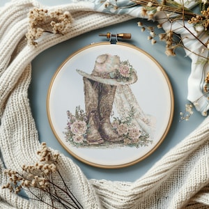 Patrón de punto de cruz de acuarela con vaquera, sombrero de novia, botas, Arte moderno de punto de cruz, Diseño de bordado de boda, Punto de cruz floral Pdf