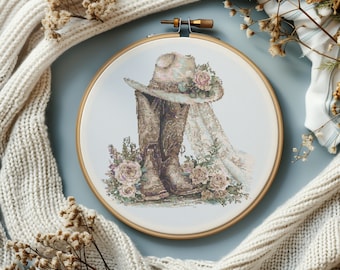 Watercolor Cross Stitch Pattern With Cowgirl Brides Hat Boots Modern Cross Stitch Art Wedding Embroidery Design Floral Cross Stitch Pdf