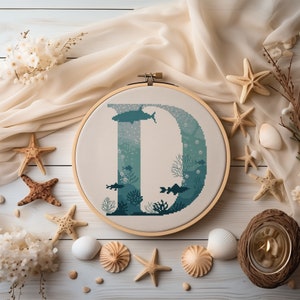 Modern Letter Cross Stitch Pattern, Counted, Marine Monogram Cross Stitch Chart,  Family Initials Embroidery Designs, Easy Cross Stitch