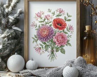 Geboorte boeket bloemen, kruissteekkunst, aangepaste kruissteekpatroon pdf, getelde borduurpatronen, borduurontwerpen, gepersonaliseerde geschenken