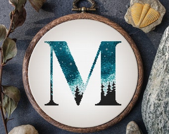 Modern Monogram M Cross Stitch Pattern Family Name Initial Embroidery Designs Blue Forest Letter M Cross Stitch Sampler Digital Download