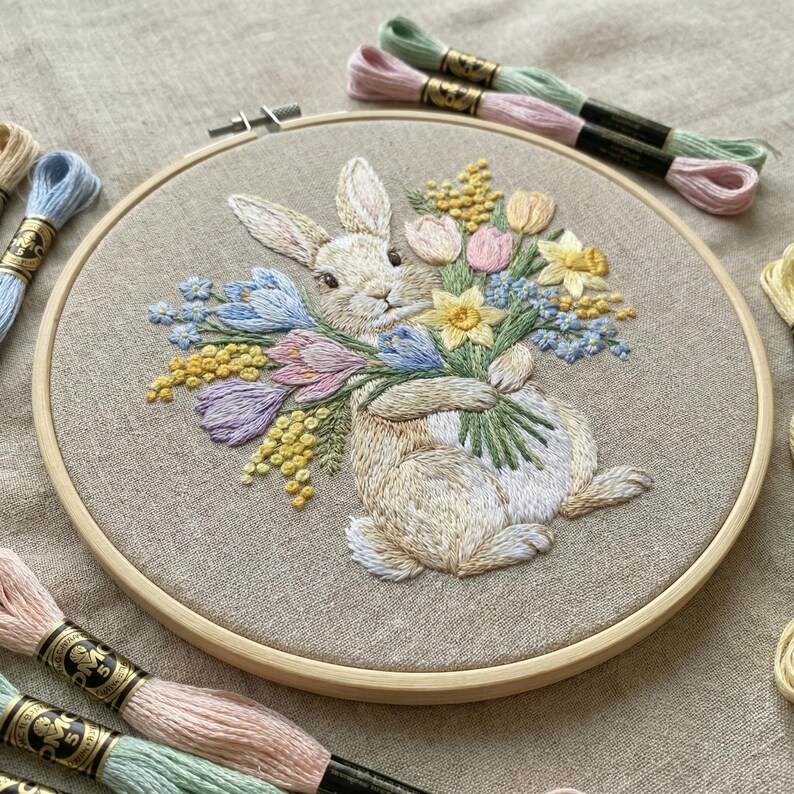 Spring Embroidery Pattern PDF With Bunny, Easter Hand Embroidery ...