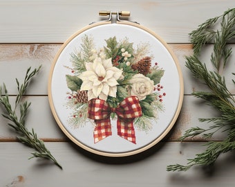 Cross Stitch Pattern With Christmas Bouquet, Counted Christmas Embroidery Pattern, Watercolor Flowers Cross Stitch Chart, Easy Cross Stitch