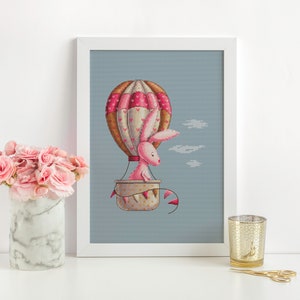 Baby Girl Cross Stitch Pattern Pink Boho Nursery Counted Cross Stitch Bunny In Hot Air Ballon Embroidery Sampler Baby Gift Digital Downloads