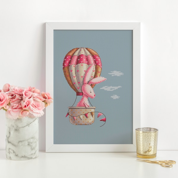 Baby Girl Cross Stitch Pattern Pink Boho Nursery Counted Cross Stitch Bunny In Hot Air Ballon Embroidery Sampler Baby Gift Digital Downloads