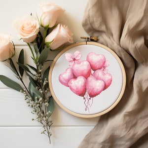 Birthday Cross Stitch Pattern With Pink Balloons, Valentine&#39;s Day Embroidery Pattern, Heart Cross Stitch Chart, Easy Cross Stitch Scheme
