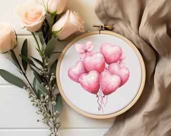 Valentine Cross Stitch Pattern With Pink Balloons, Valentine's Day Embroidery Pattern, Heart Cross Stitch Chart, Easy Cross Stitch Scheme