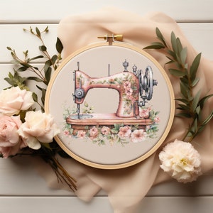 Kruissteekpatroon met naaimachine, geteld borduurpatroon, aquarel bloemen kruissteektabel, Moederdag kruissteek pdf