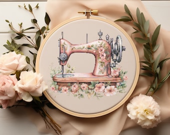 Cross Stitch Pattern With Sewing Machine, Counted Embroidery Pattern, Watercolor Floral Cross Stitch Chart, Mother&#39;s Day Cross Stitch Pdf