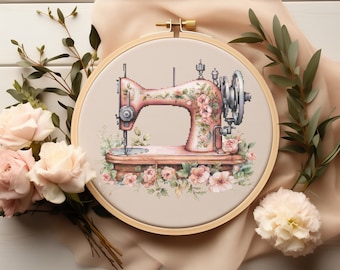 Cross Stitch Pattern With Sewing Machine, Counted Embroidery Pattern, Watercolor Floral Cross Stitch Chart, Mother's Day Cross Stitch Pdf