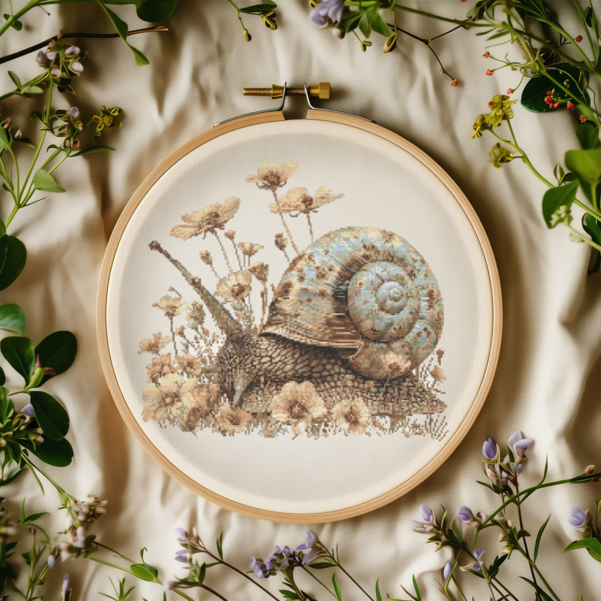 Cross Stitch Pattern With Snail, Counted, Floral Embroidery Pattern, Boho Flower Cross Stitch Chart, Mother's Day Cross Stitch Designs Pdf