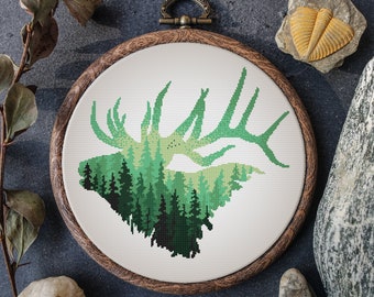 Landscape Cross Stitch Pattern Modern Elk Counted Cross Stitch Nature Forest Embroidery Pattern Elk Digital Download Cross Stitch PDF