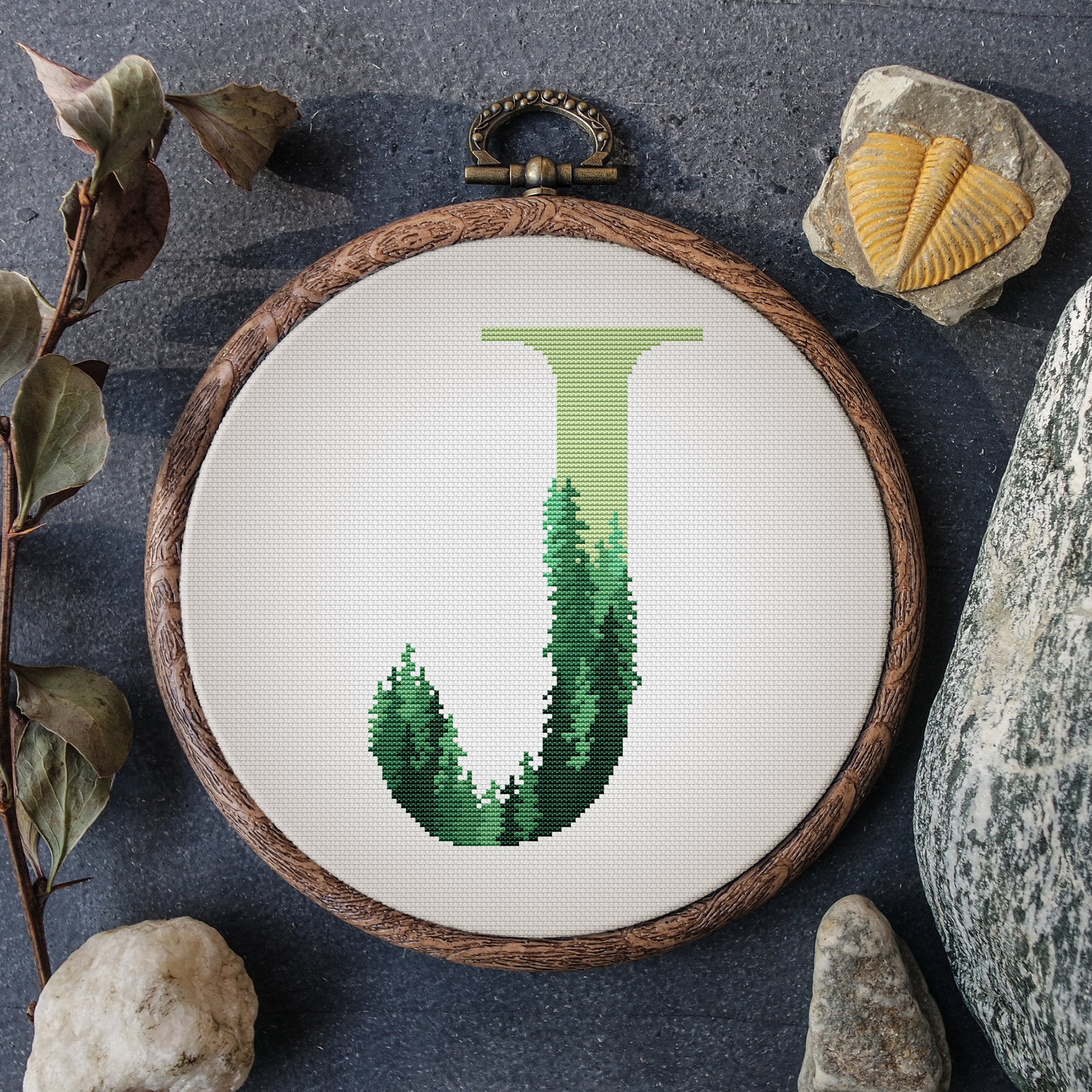 Monogram J Cross Stitch Pattern Count Green Forest Family Initials