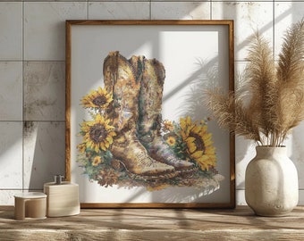 Floral Cross Stitch Pattern PDF With Cowgirl, Boots, Modern Cross Stitch Design, Watercolor Embroidery File, Sunflowers Cross Stitch Charts