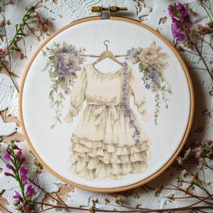 Geteld kruissteekpatroon met vintage outfit babymeisje bloemenborduurpatroon aquarel kruissteekkaart kinderkamer kruissteek pdf