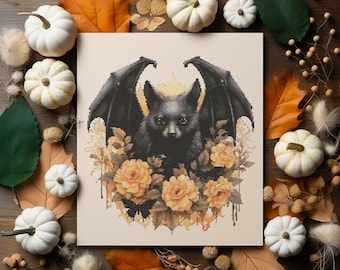 Halloween Cross Stitch Pattern With Black Bat Halloween Embroidery Pattern Modern Cross Stitch Design Floral Embroidery Counted Cross Stitch