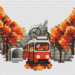 Mini Cross Stitch Patterns, Fall Embroidery Pattern, Counted, Watercolor Cross Stitch Pattern With Retro Tram, Autumn Cross Stitch Designs