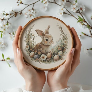 Cross Stitch Pattern With Easter Bunny, Modern Cross Stitch Designs, Easter Embroidery Pattern, Spring Cross Stitch Pattern, Floral Pattern