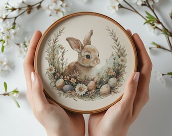 Cross Stitch Pattern With Easter Bunny, Modern Cross Stitch Designs, Easter Embroidery Pattern, Spring Cross Stitch Pattern, Floral Pattern