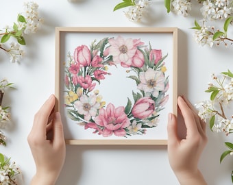 Spring Cross Stitch Pattern With Tulips, Daffodils, Counted, Embroidery Pattern, Floral Wreath Cross Stitch Chart, Mothers Day Gifts