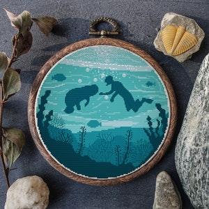 Seascape Cross Stitch Pattern Count Ocean Cross Stitch Chart Scuba Diving Cross Stitch Chart PDF Manatee Embroidery Pattern Gifts For Diver
