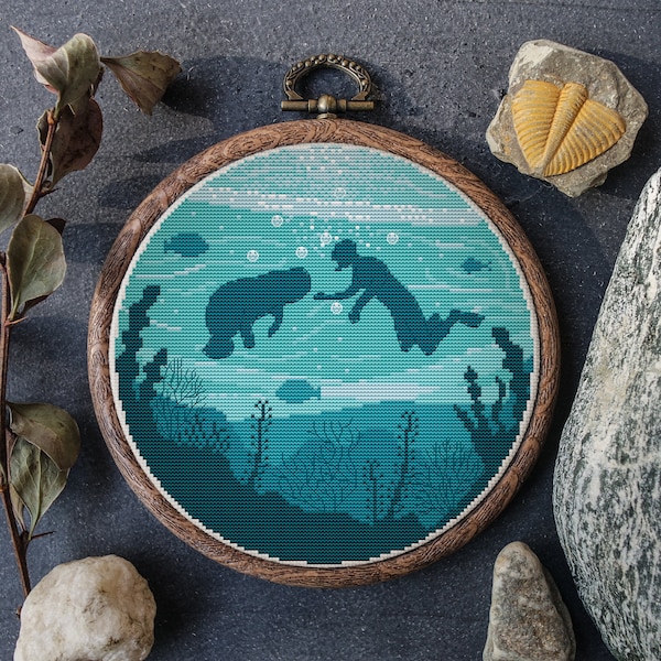 Seascape Cross Stitch Pattern Count Ocean Cross Stitch Chart Scuba Diving Manatee Embroidery Pattern Digital Downloads