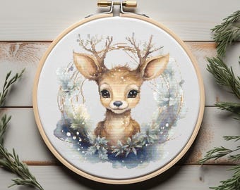 Weihnachtliches Kreuzstichmuster mit Rentierbaby, Tierstickmuster, Kreuzstich-Set für Kinderzimmer mit Hirschmotiv, Kreuzstichvorlagen für Kinder