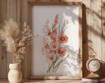 Florales Kreuzstichmuster mit Gladiolen, Mohnblumen, Kreuzstichmuster, August Geburtsblumen Kreuzstichmuster, personalisierte Geschenke für Mama