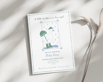 Eine kleine Ente ist auf seinem Weg Handgezeichnete Babypartyeinladungsvorlage | Bearbeitbar in Canva | Druckbare digitale Datei