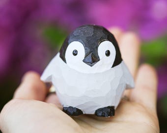 Cute Mini Hand Carved Penguin Figurine, Hand Painted Wooden Penguin, Small Animal Decor, Penguin Gift, Miniature Wood Sculpture